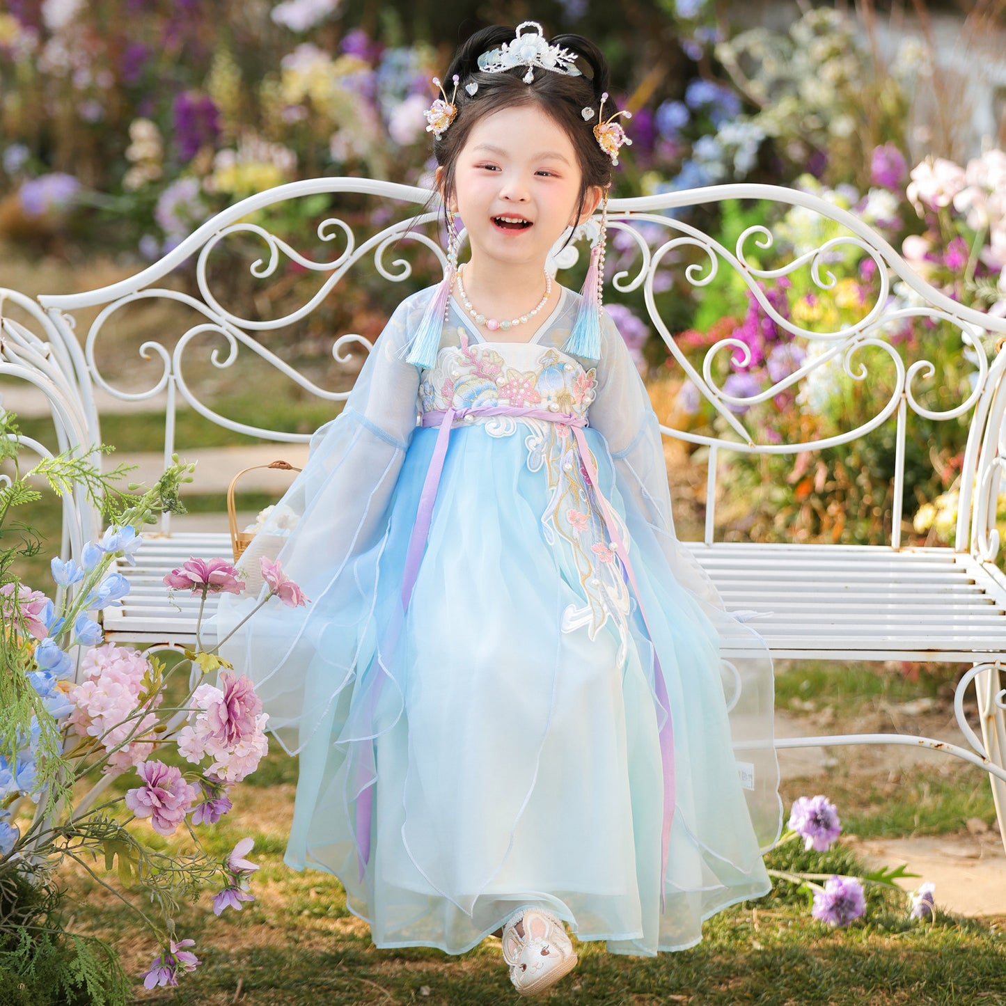 JXGX Girls Blue Hanfu Dress – Elegant Chinese Fairy Dress Kids Traditional Embroidered Princess Outfit ---YangCai