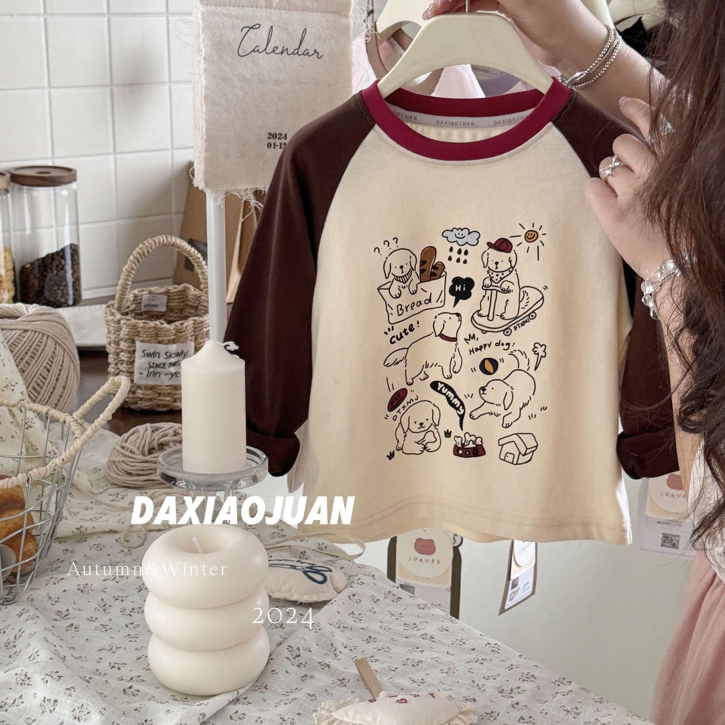 DXJ Kids Cartoon Color-block Raglan Long-sleeve T-shirt