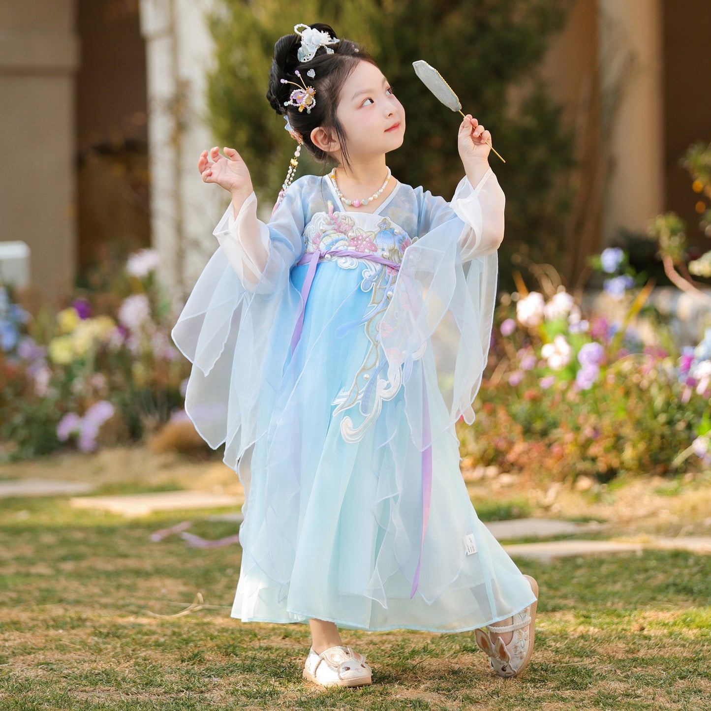 JXGX Girls Blue Hanfu Dress – Elegant Chinese Fairy Dress Kids Traditional Embroidered Princess Outfit ---YangCai