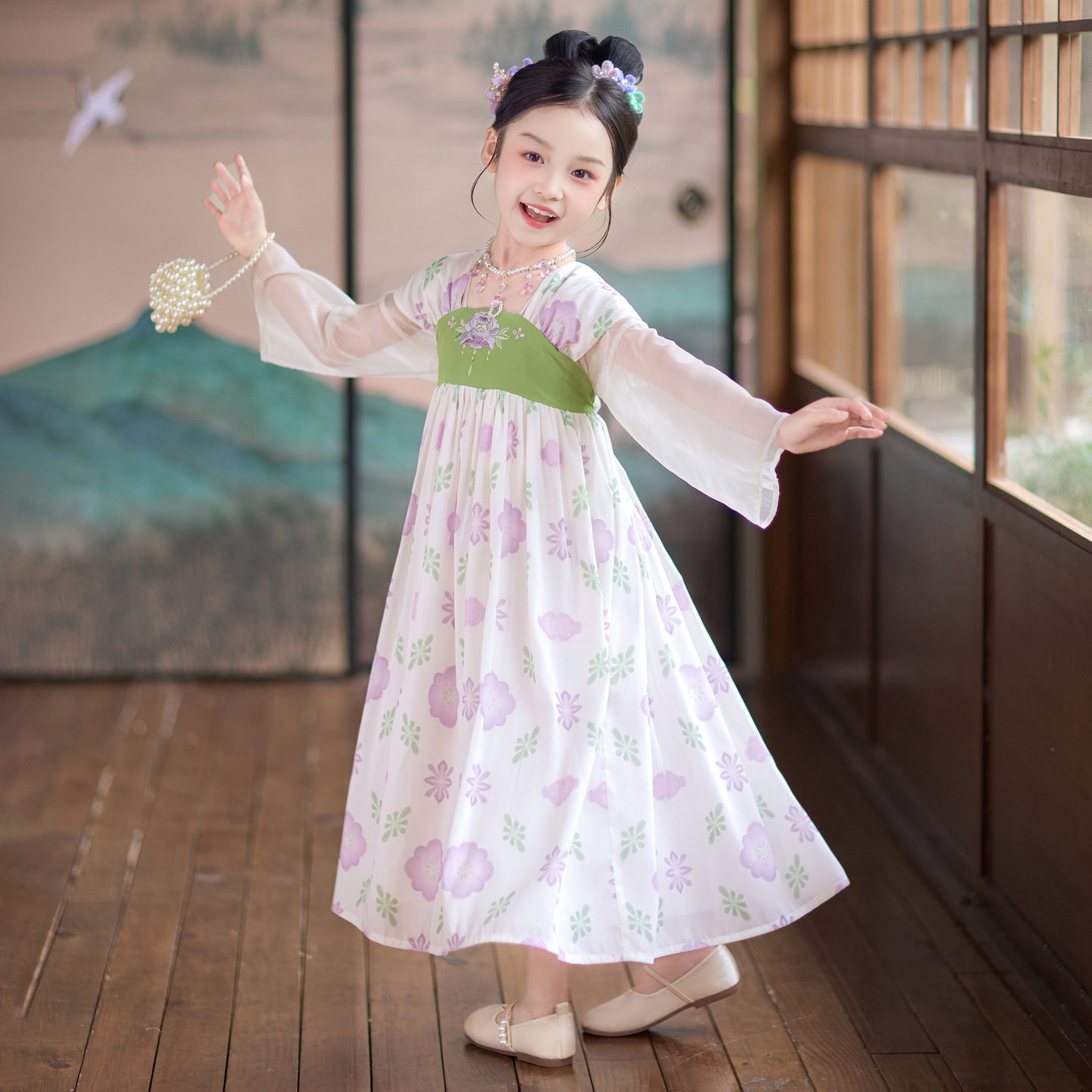 JXGX Girls Floral Hanfu Dress – Chinese Traditional Kids Dress Elegant Printed Princess Outfit ---Yunshuiyao