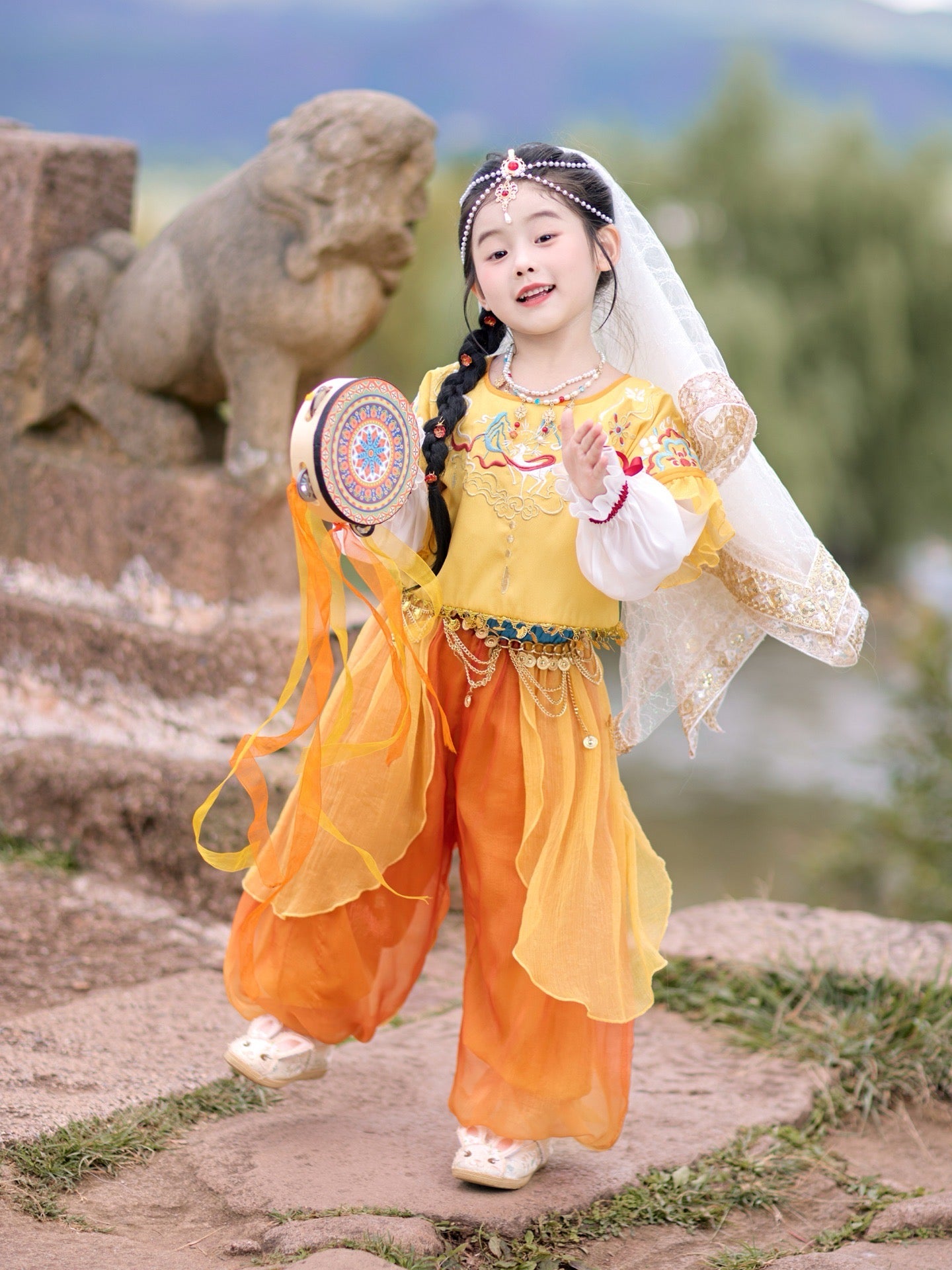 Princess Jade Rabbit girls Hanfu set in orange and yellow