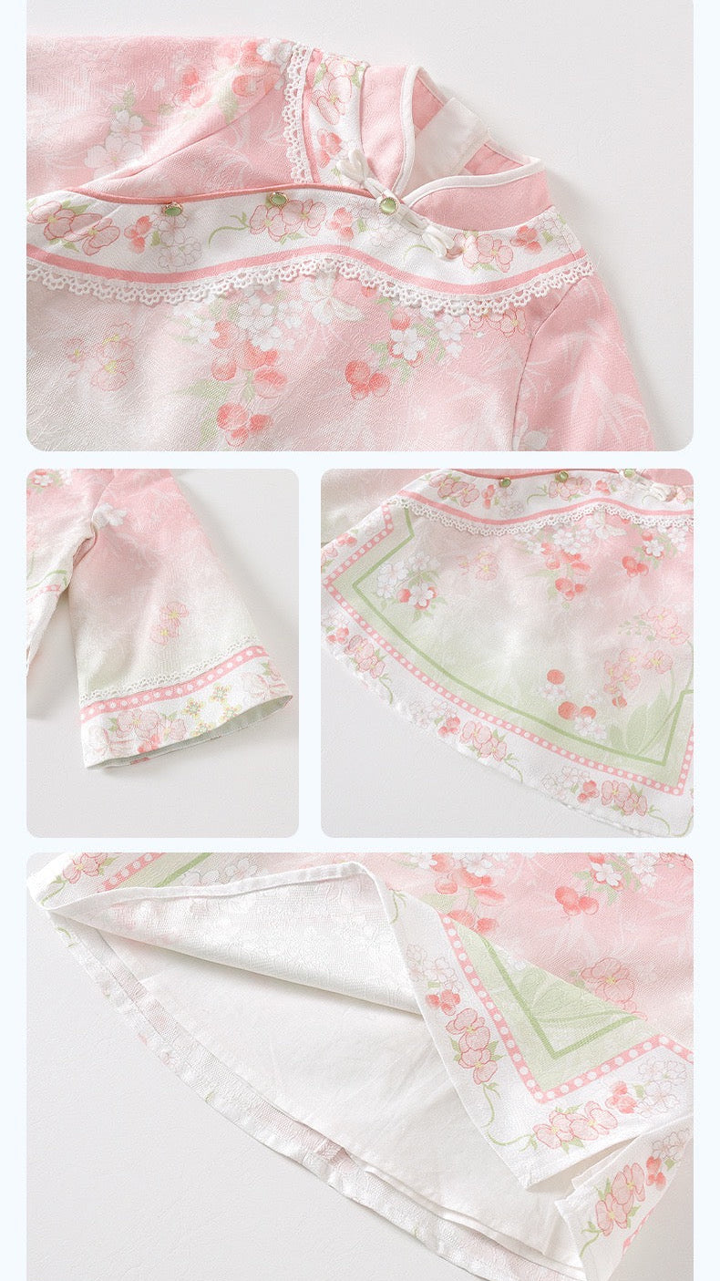 girls‘ outfit with floral patterns on a white background