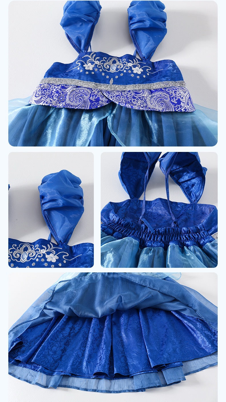 Blue dress with intricate detailing on a white background