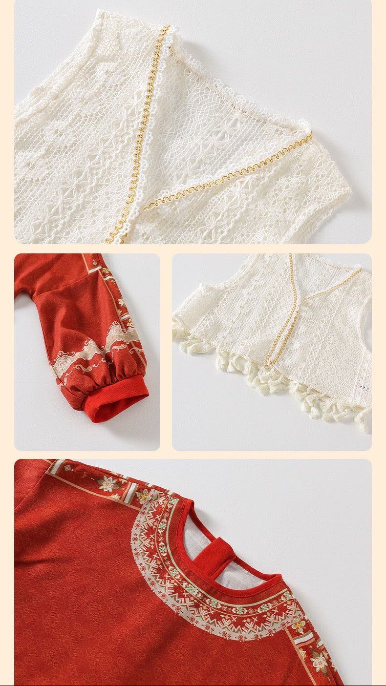 Collage of red and white clothing with lace details on a light background