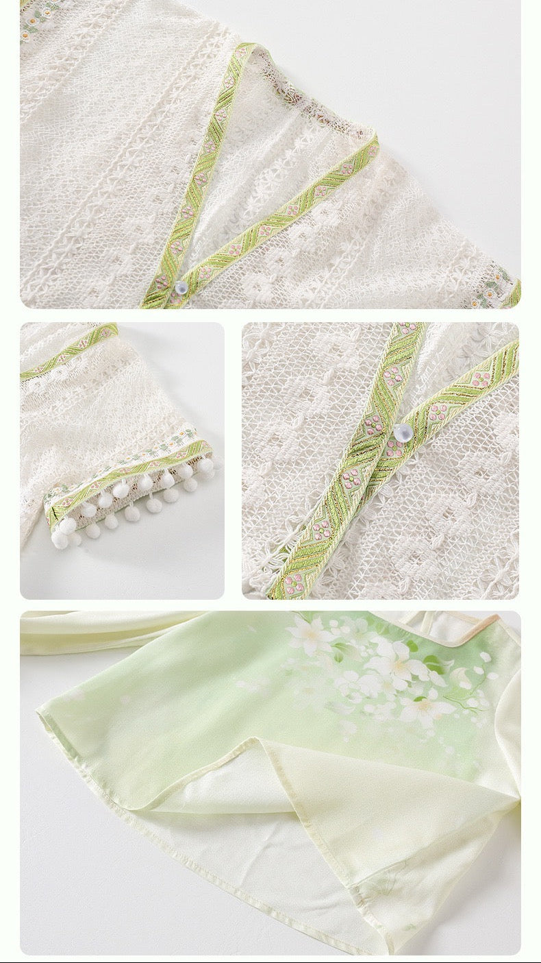 Close-up of a textured fabric with green accents on a white background