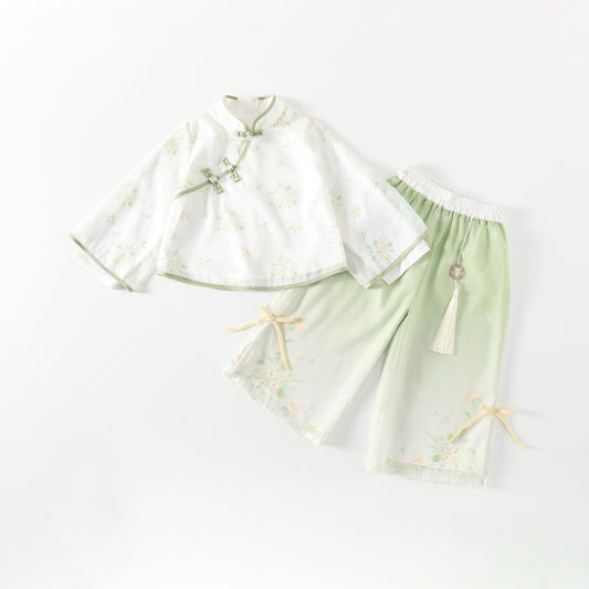 Traditional outfit with a white top and green pants on a white background