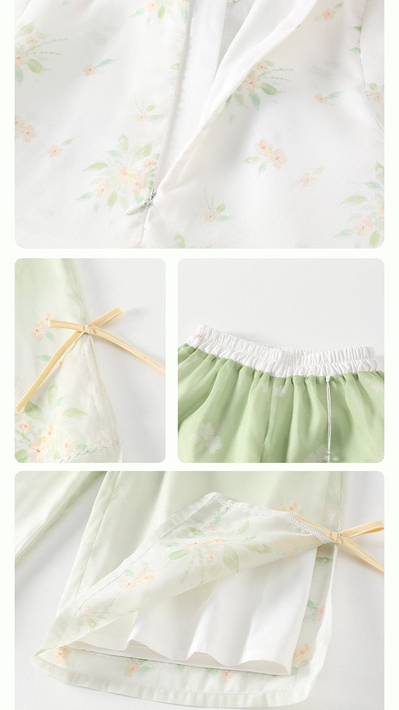 Collage of a green skirt with floral pattern and white waistband on a light background