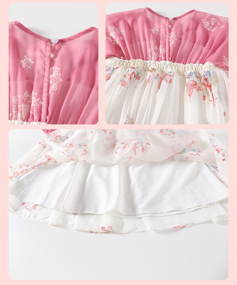 Collage of a pink and white dress with floral patterns on a light pink background.