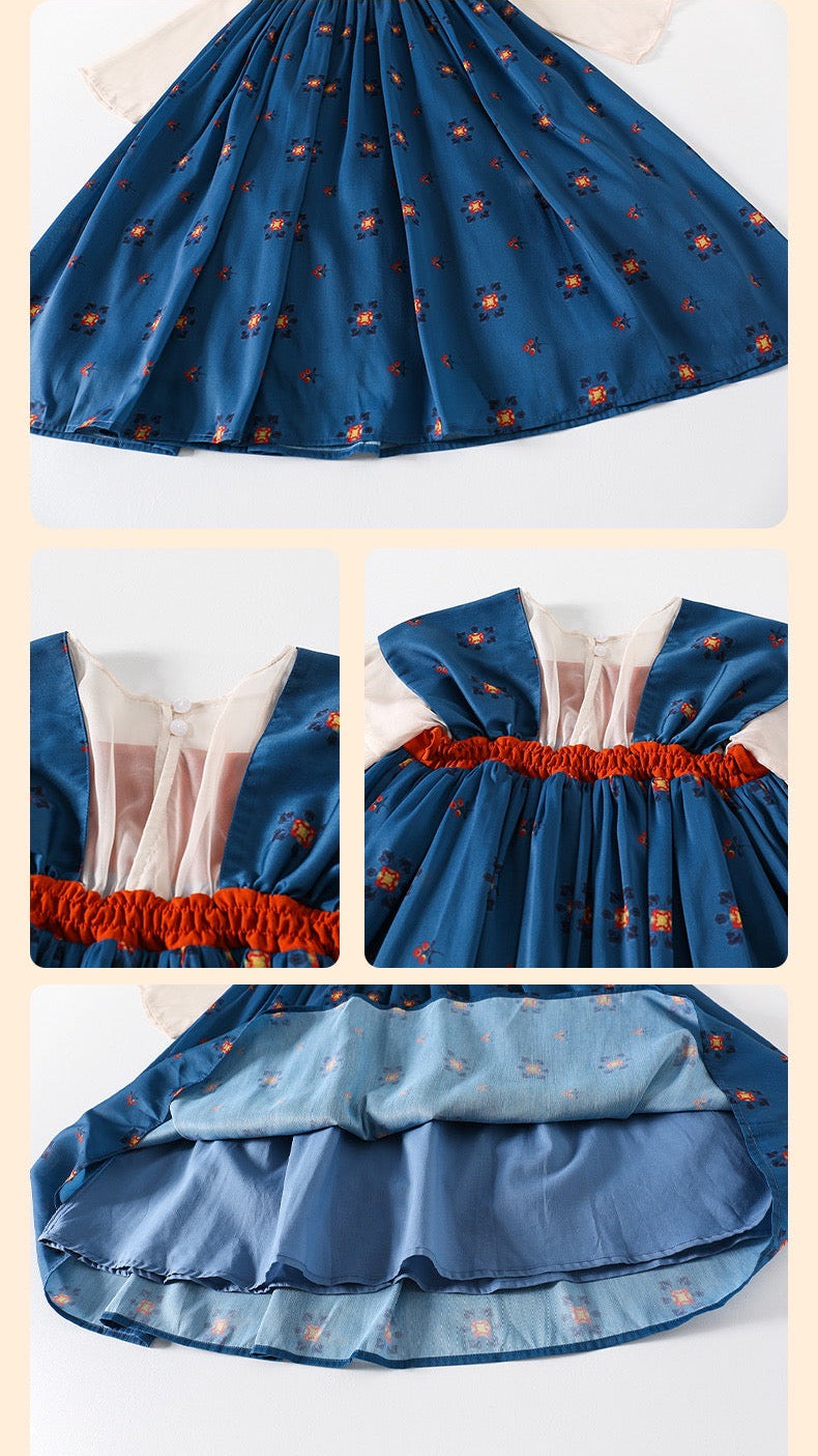 Collage of a blue dress with orange floral patterns on a white background