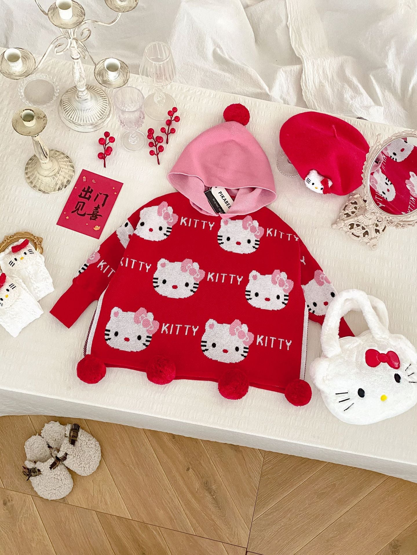 Hello Kitty Winter Wonderland: Red Pom-Pom Sweater and White Polka Dot Tulle Skirt Set