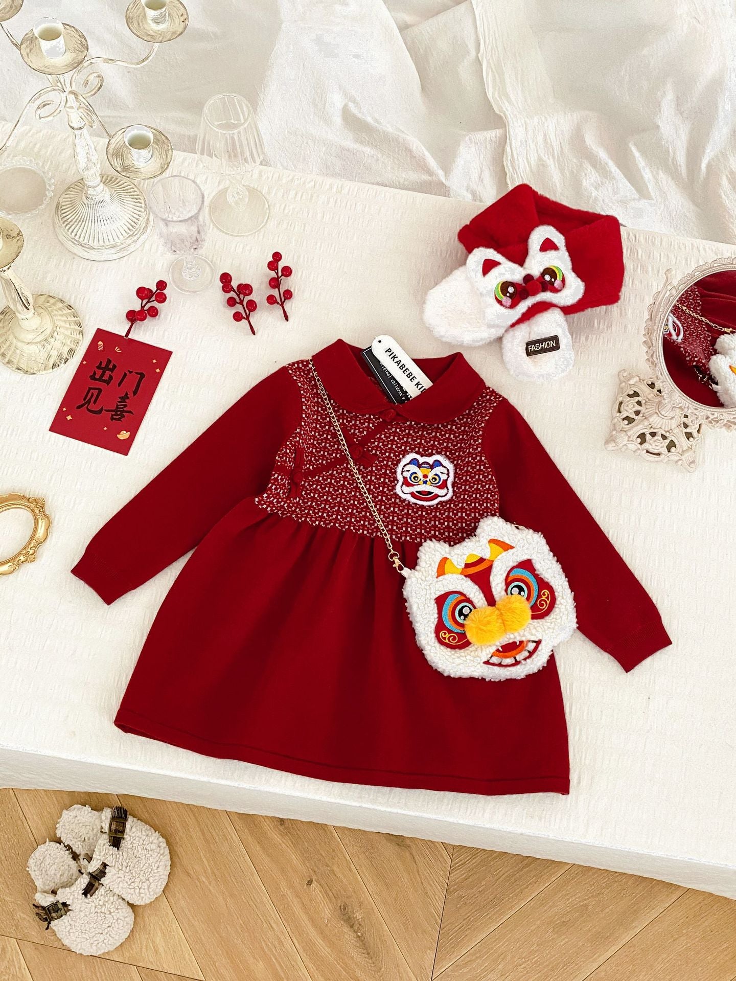 Lion Dance Chinese New Year Sweater Dress for Girls