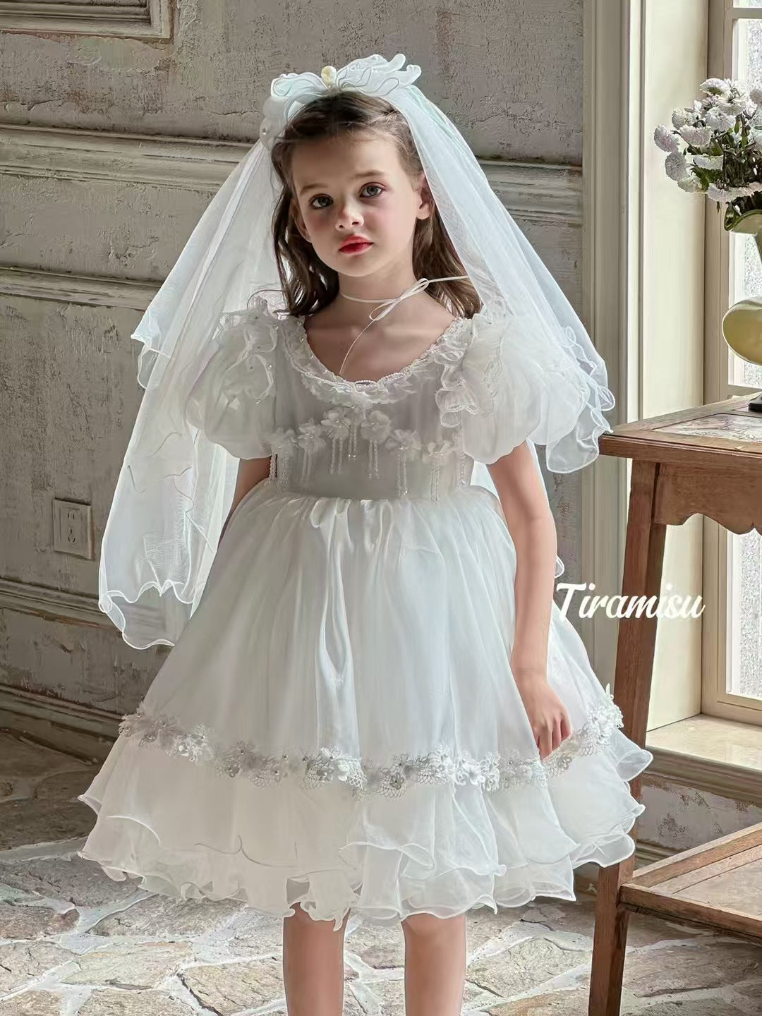 Tiramisu Girls'  Angelic White Blossom Dress with Veil (100-150/3y-12y)