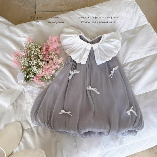 Cherry Silver Gray Bow Dreamer Toddler Dress (90-130/18m-7y)