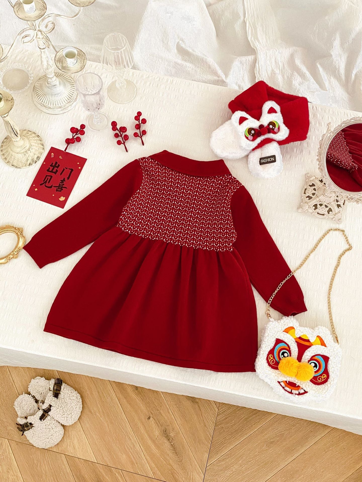 Lion Dance Chinese New Year Sweater Dress for Girls