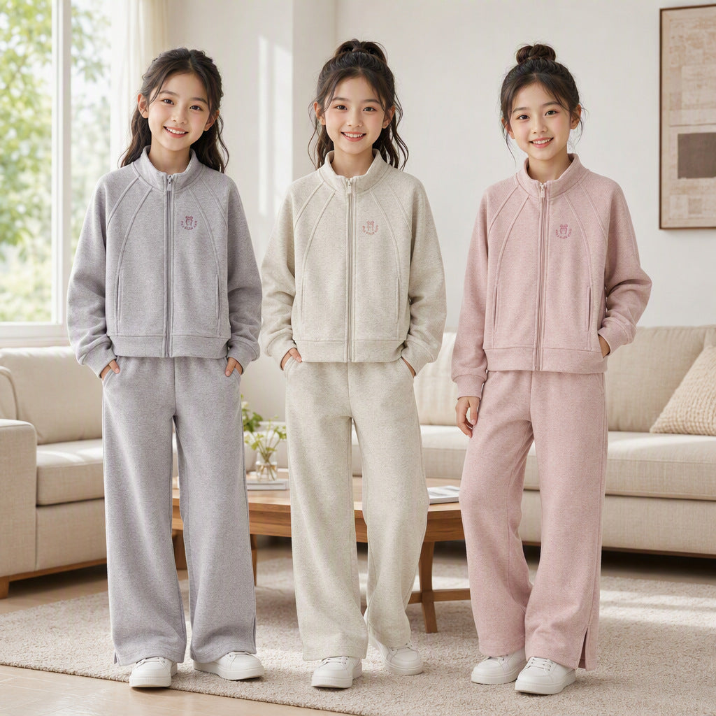 Girls' 2-Piece Tracksuit Set — Zip-Up Jacket & Pants, Soft Cotton Sport Outfit