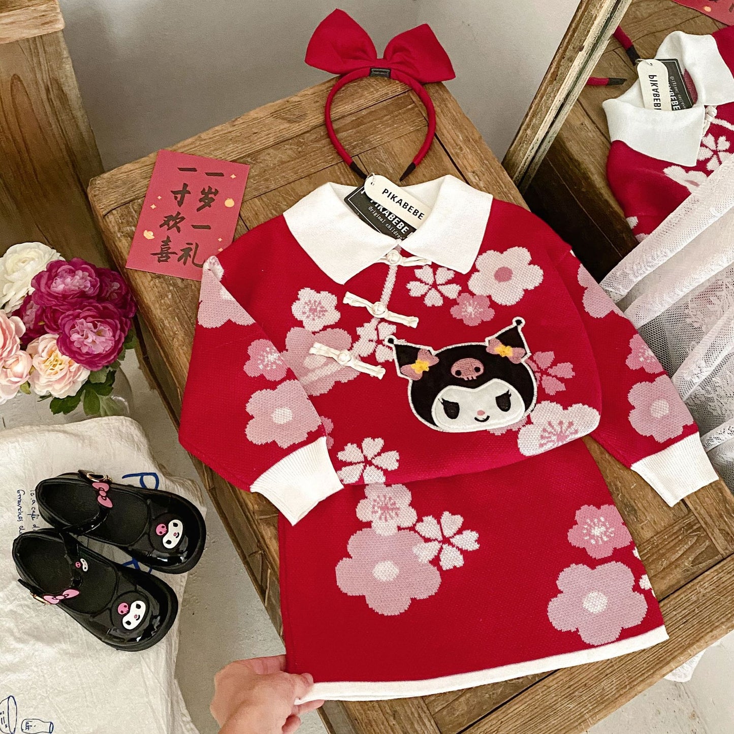 Cherry Blossom Kuromi Playset: Red Sweater and Skirt Ensemble