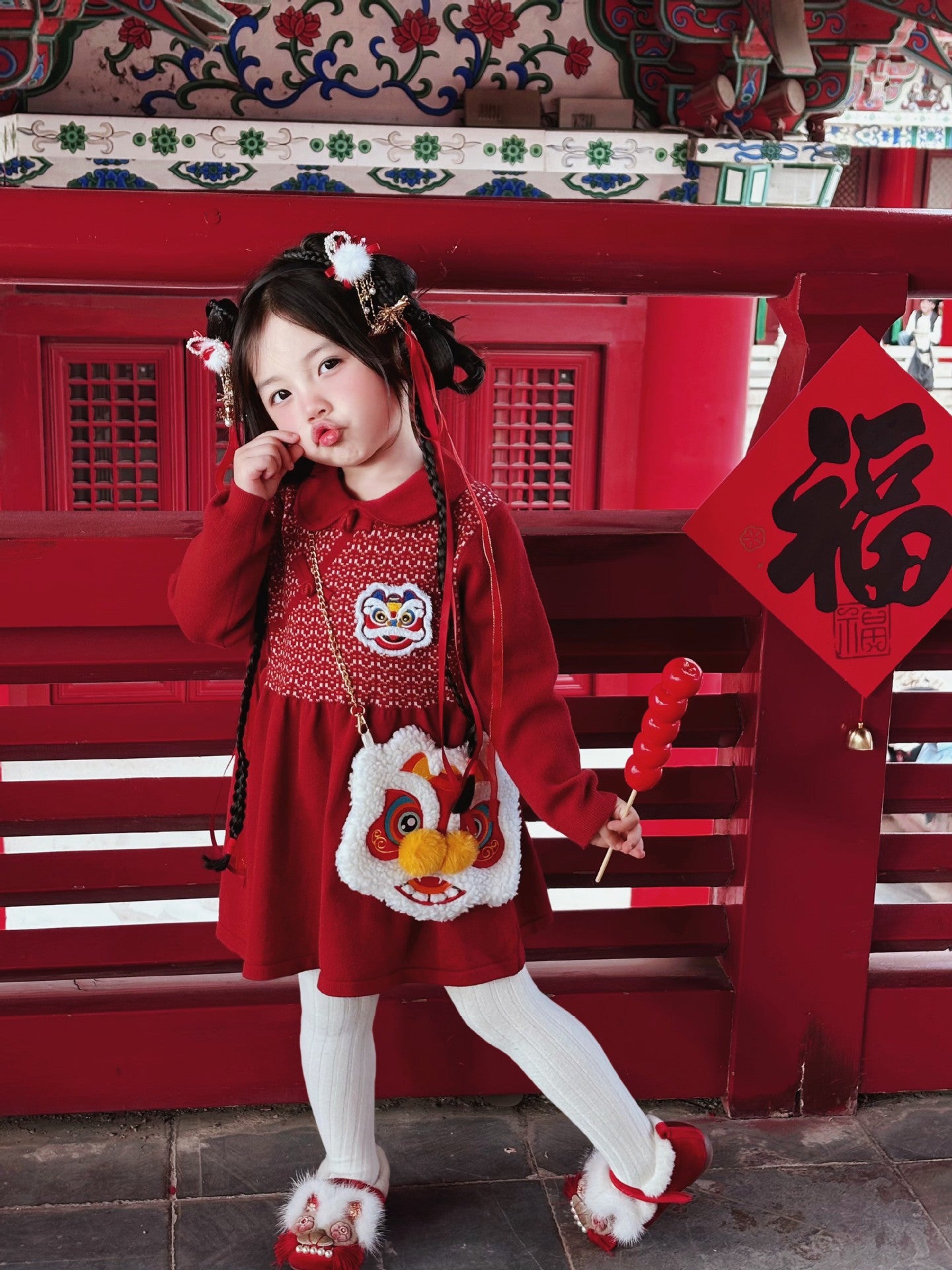 Lion Dance Chinese New Year Sweater Dress for Girls