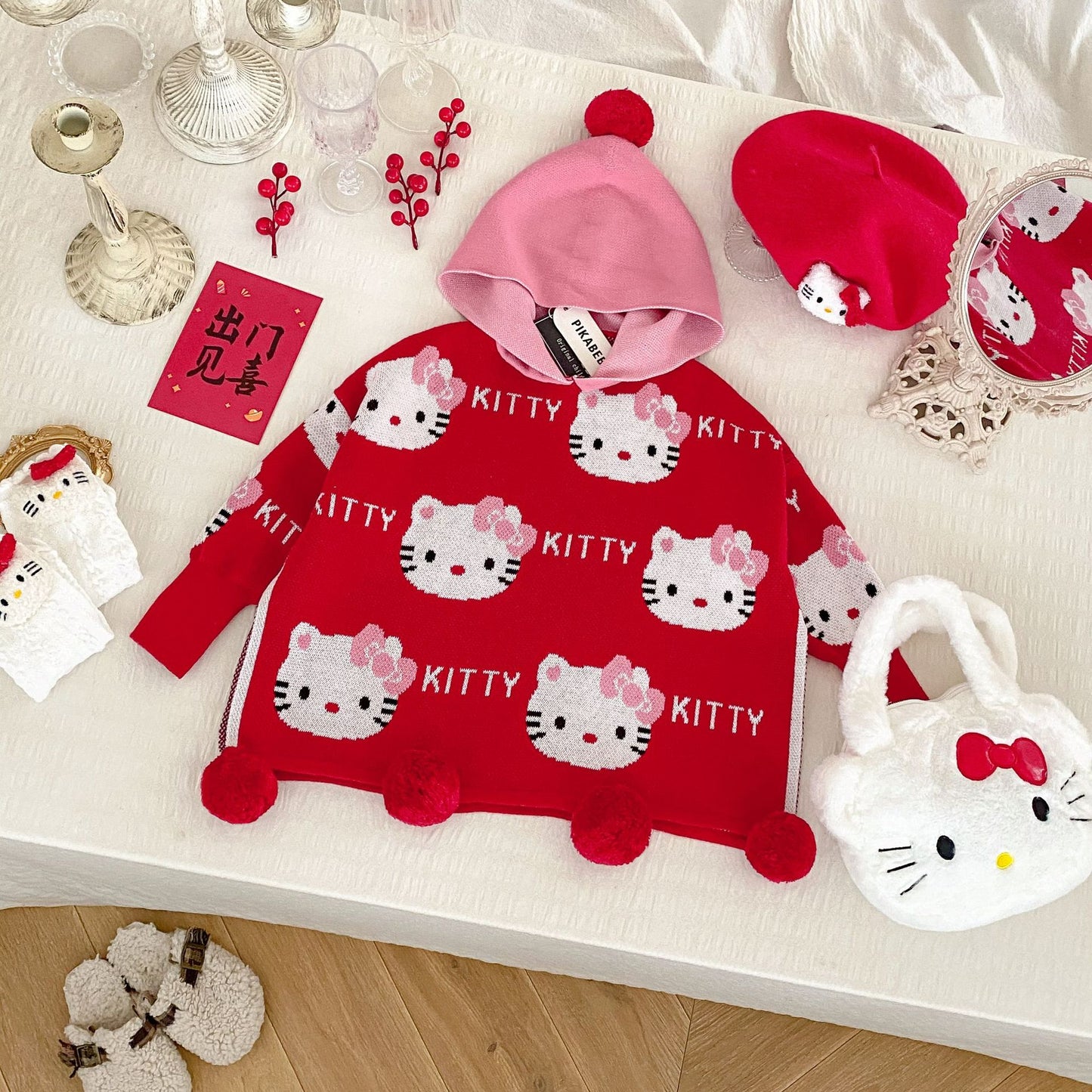 Hello Kitty Winter Wonderland: Red Pom-Pom Sweater and White Polka Dot Tulle Skirt Set