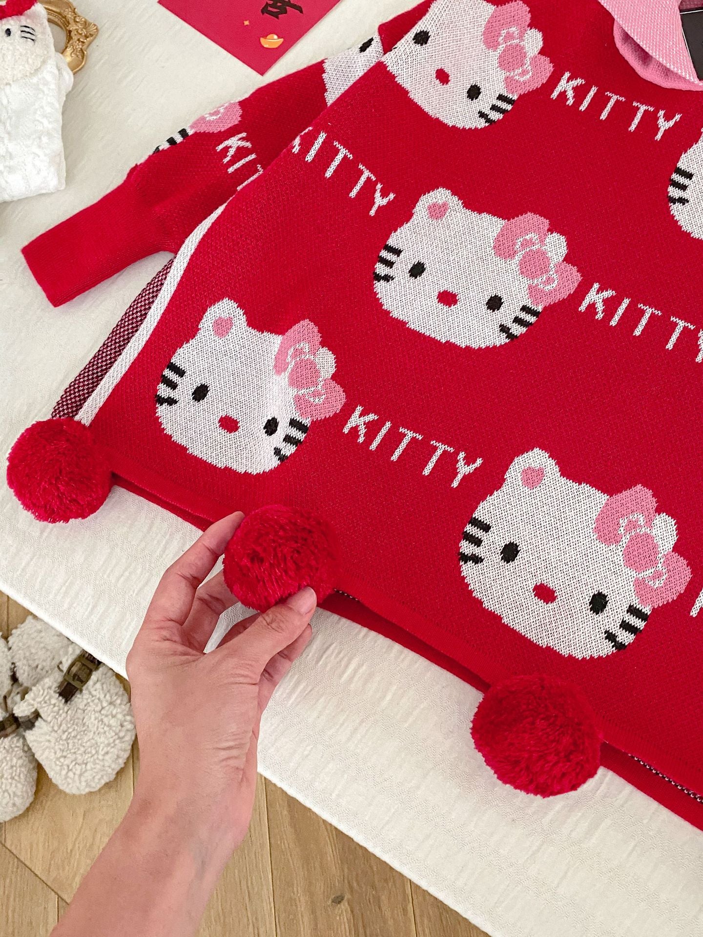 Hello Kitty Winter Wonderland: Red Pom-Pom Sweater and White Polka Dot Tulle Skirt Set