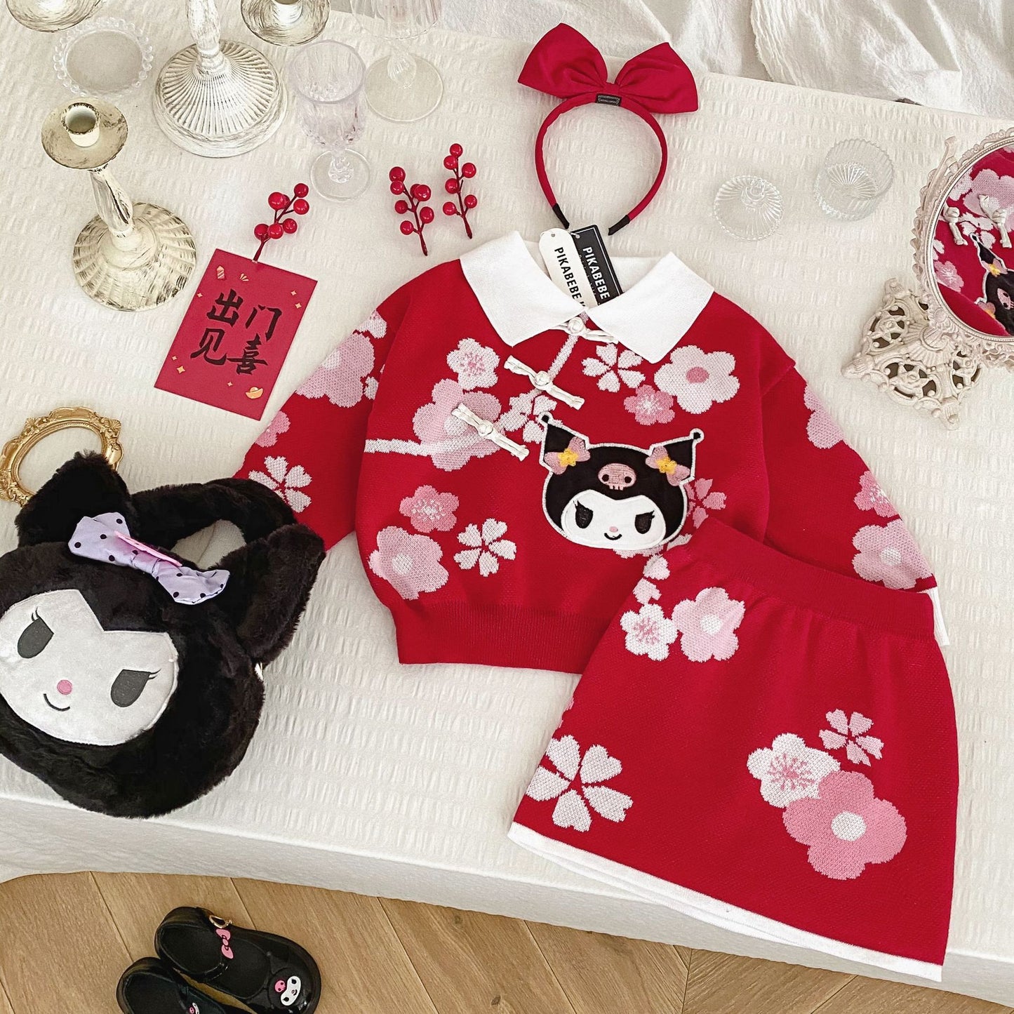 Cherry Blossom Kuromi Playset: Red Sweater and Skirt Ensemble