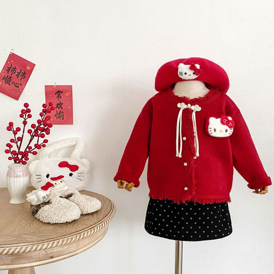 Hello Kitty Cozy Fringe Hooded Sweater in Red