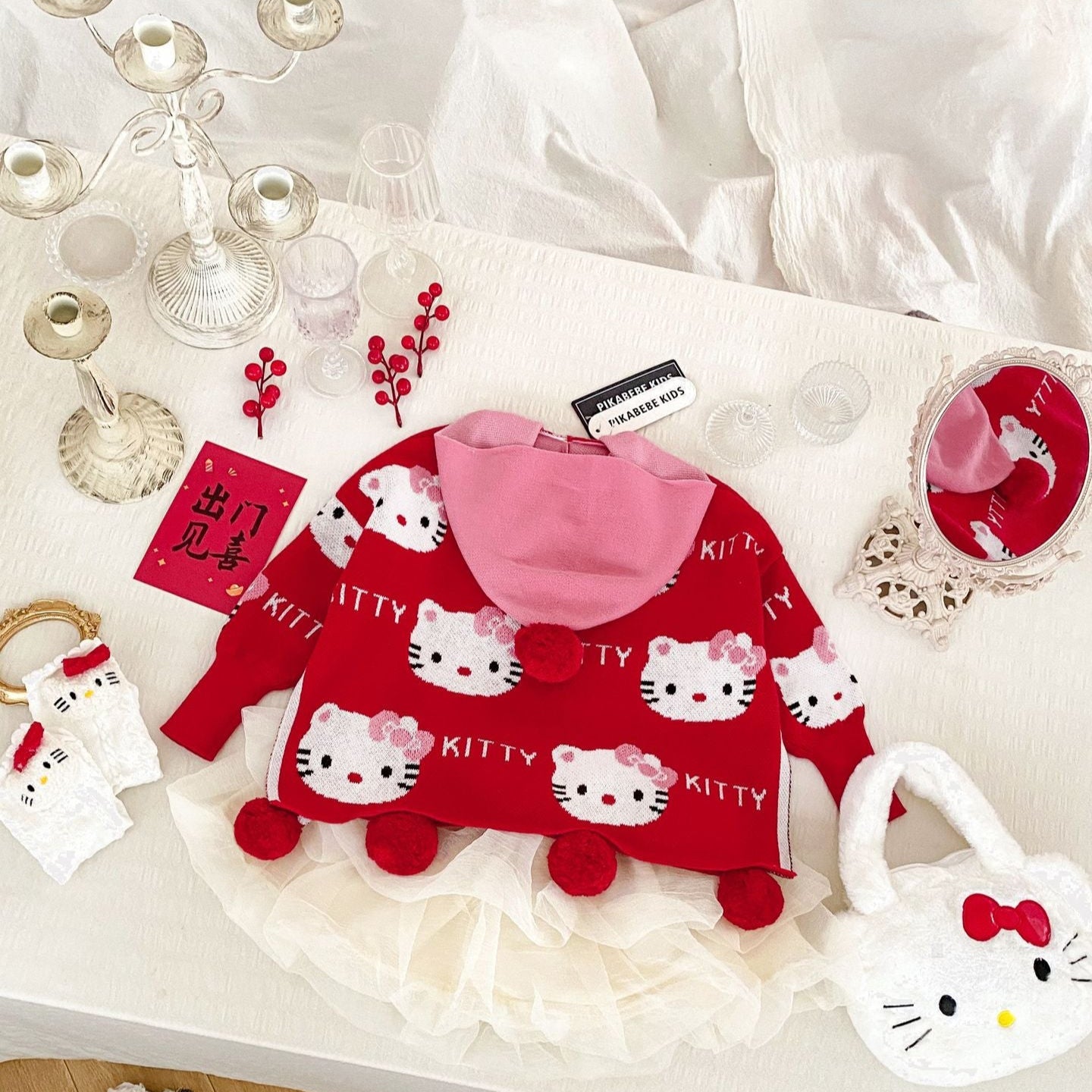 Hello Kitty Winter Wonderland: Red Pom-Pom Sweater and White Polka Dot Tulle Skirt Set