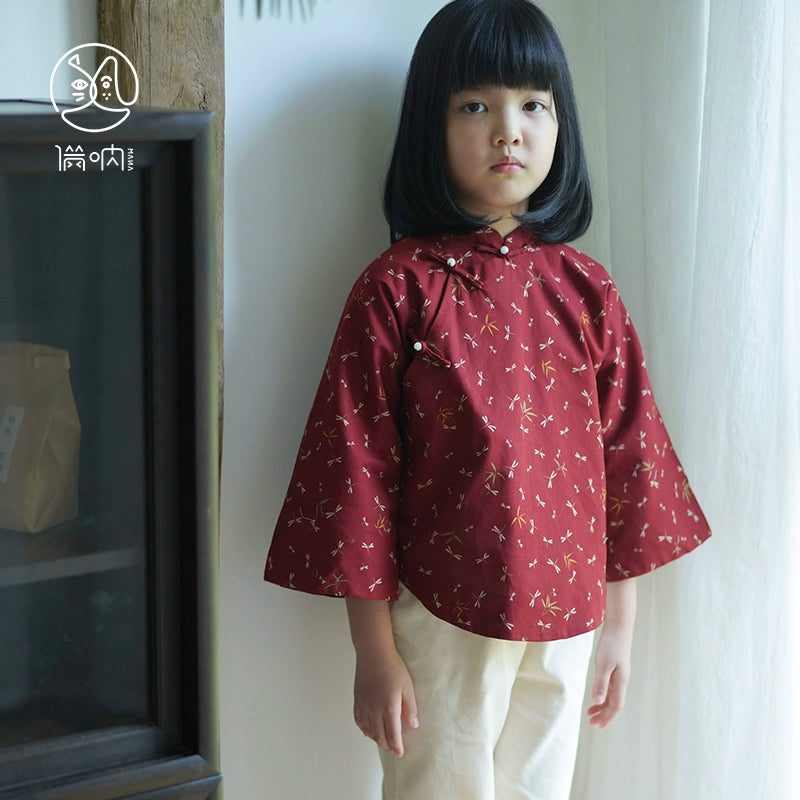 Mana Girls Vintage Dragonfly Mandarin Blouse