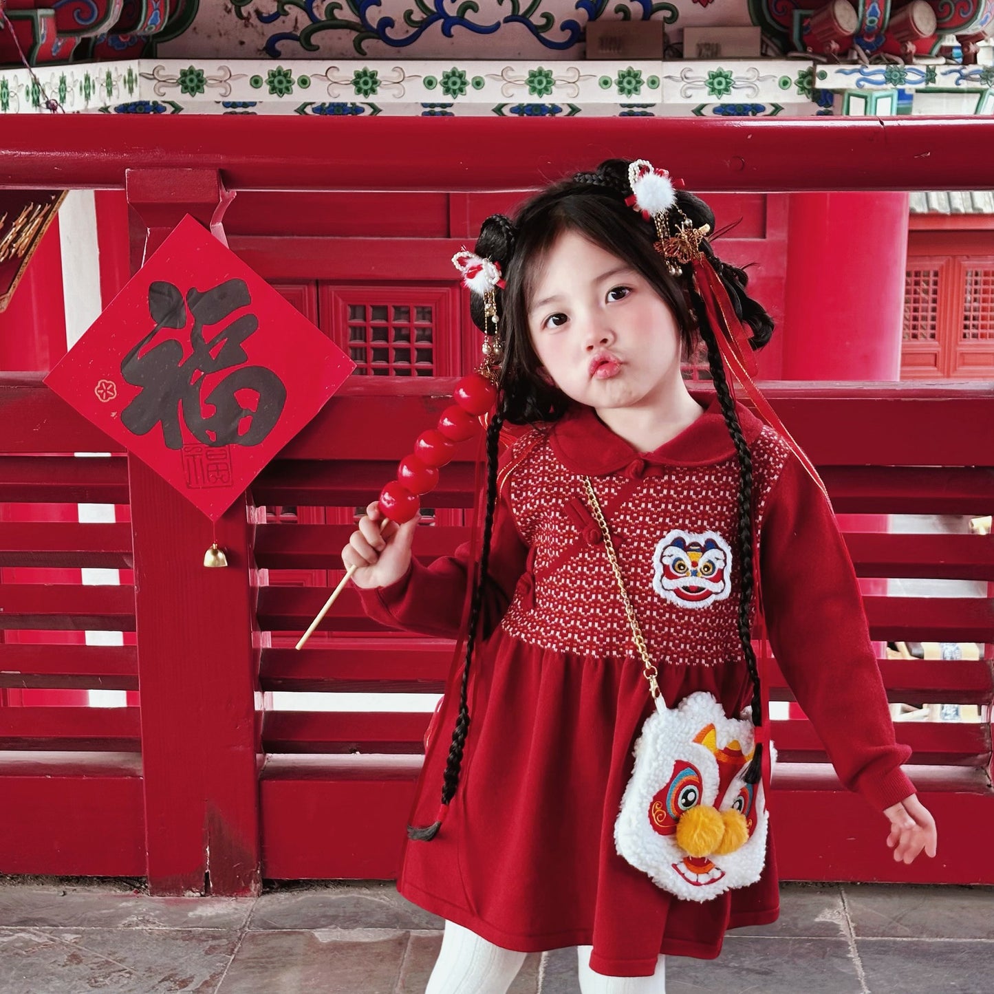 Lion Dance Chinese New Year Sweater Dress for Girls