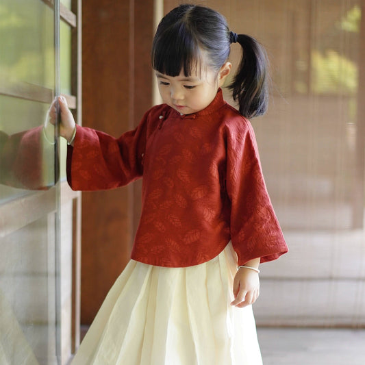 Chemisier de style chinois à feuilles rouges MaNa Kids ---Nouvel An chinois