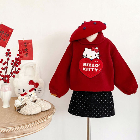 Ensemble chic Hello Kitty : ensemble pull rouge et jupe à pois noirs