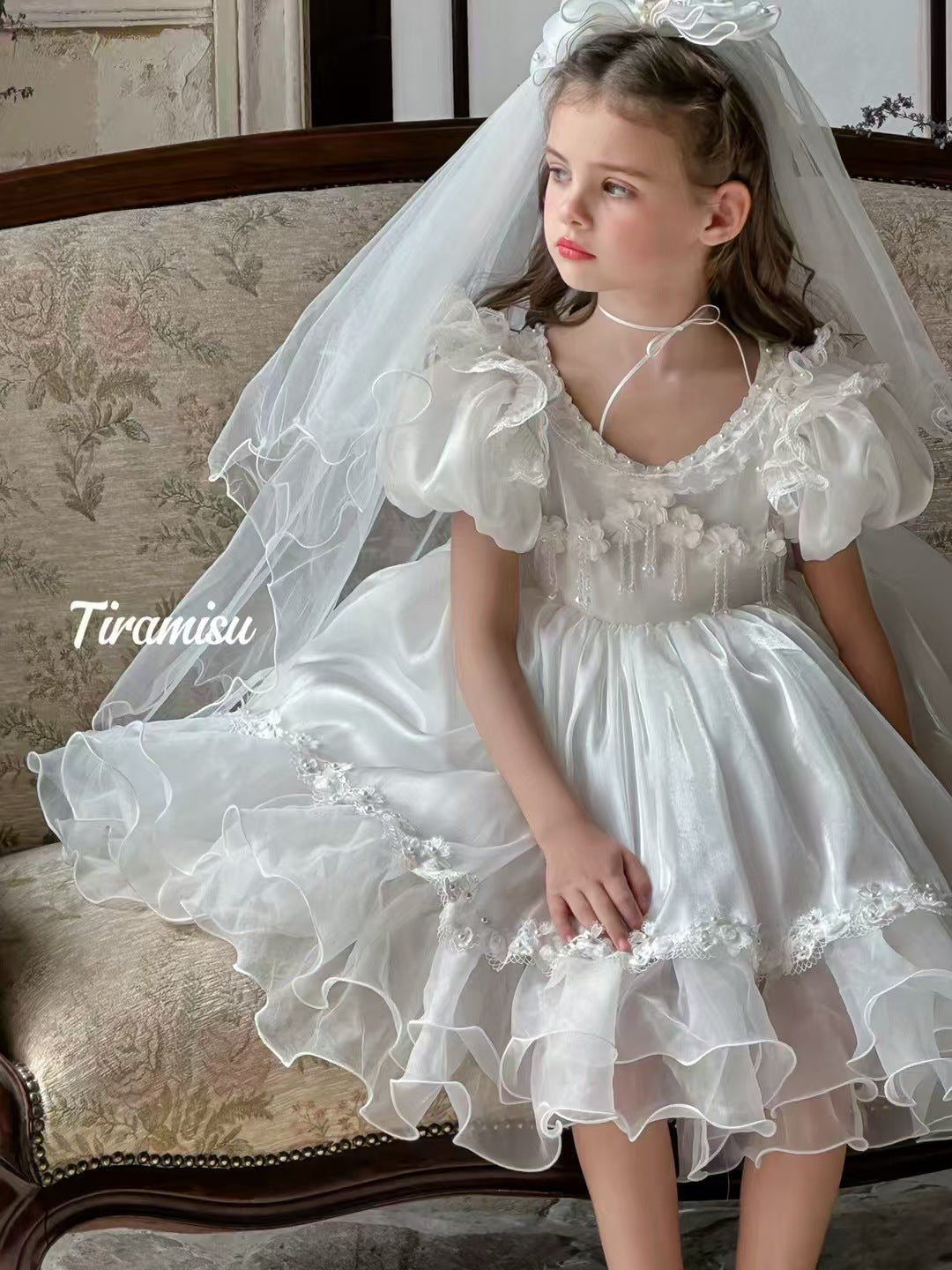 Tiramisu Girls'  Angelic White Blossom Dress with Veil (100-150/3y-12y)