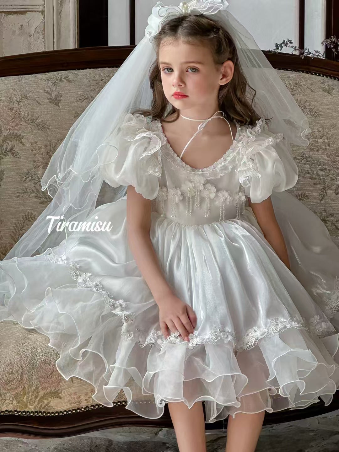 Tiramisu Girls'  Angelic White Blossom Dress with Veil (100-150/3y-12y)