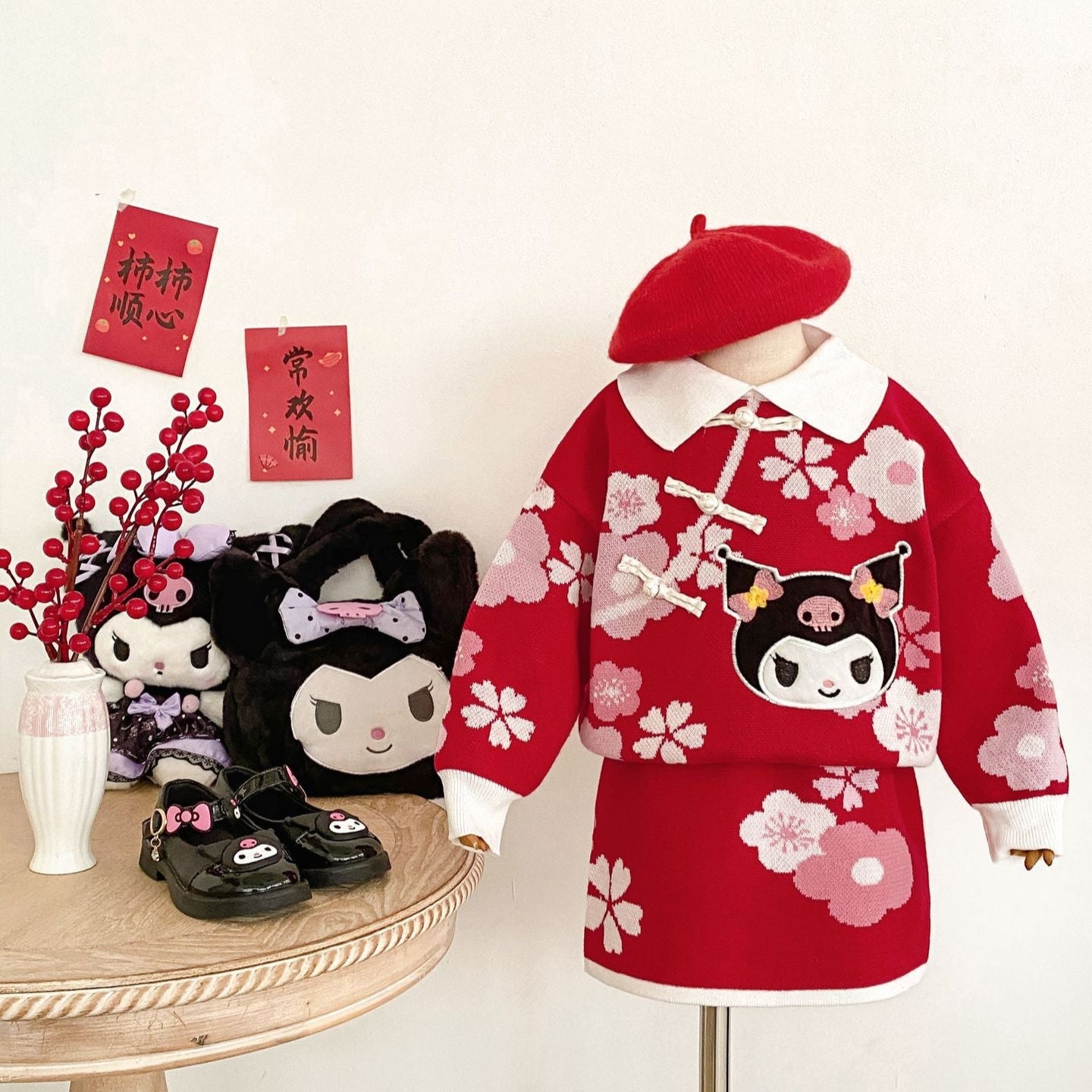 Cherry Blossom Kuromi Playset: Red Sweater and Skirt Ensemble