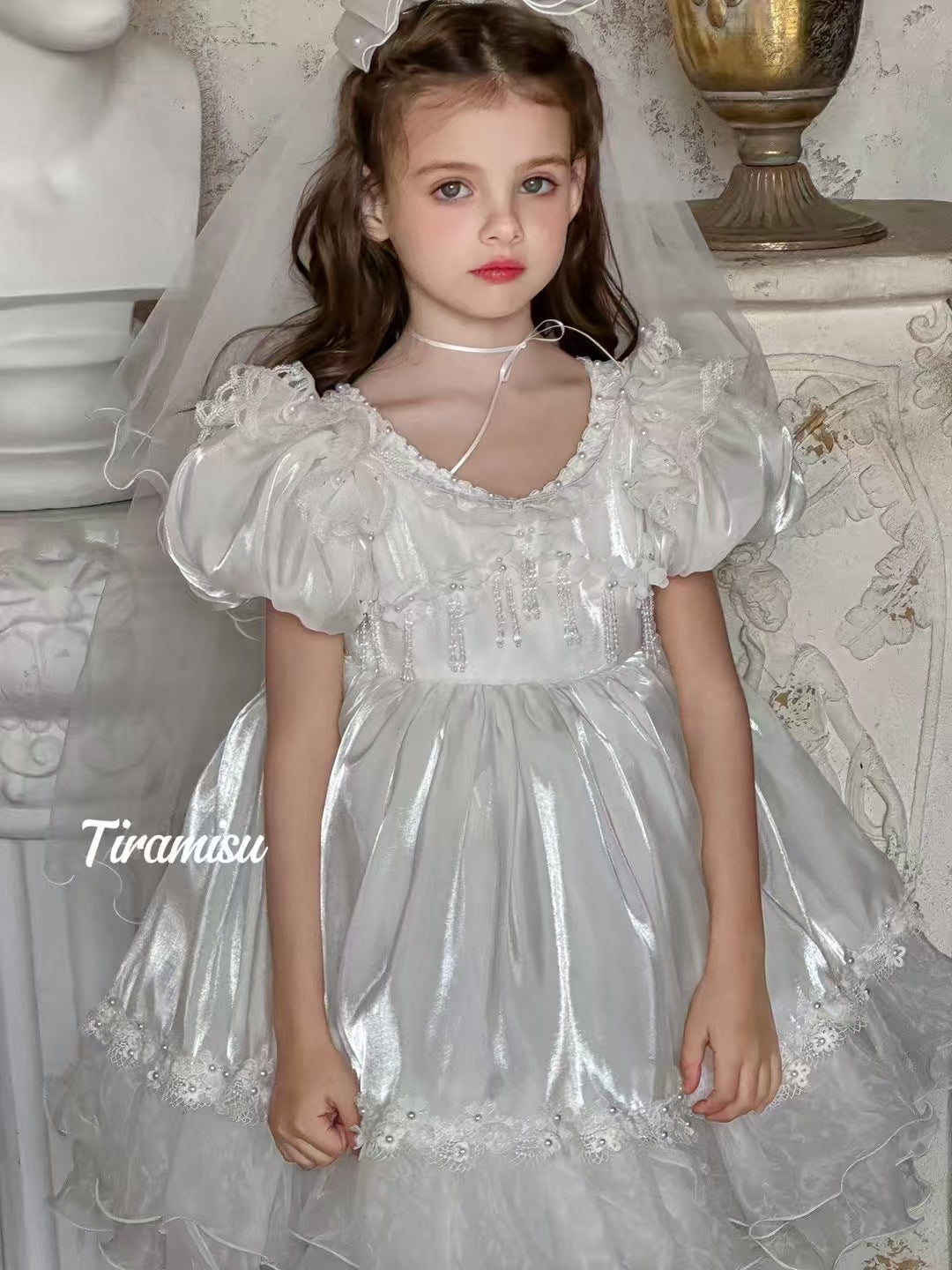 Tiramisu Girls'  Angelic White Blossom Dress with Veil (100-150/3y-12y)