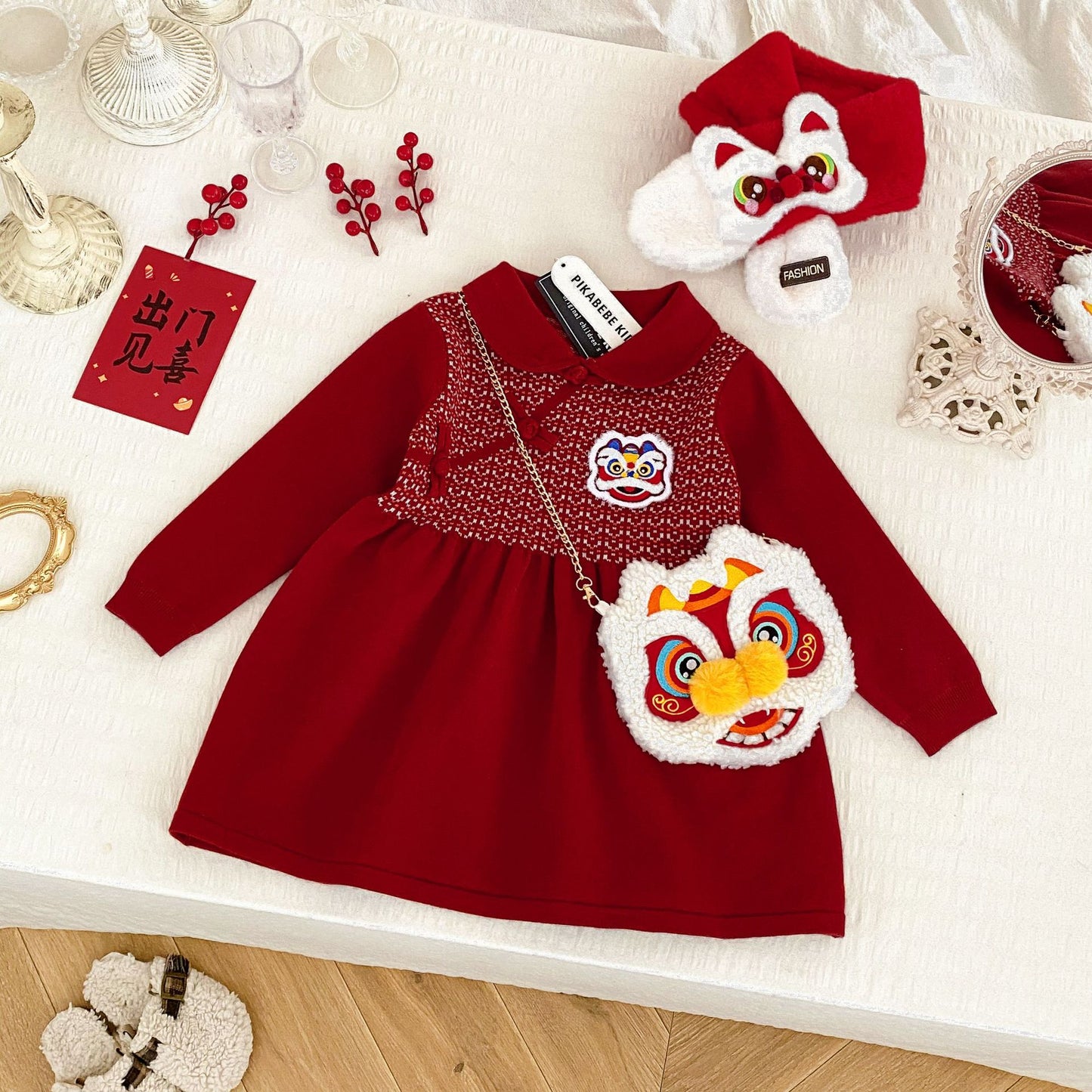 Lion Dance Chinese New Year Sweater Dress for Girls