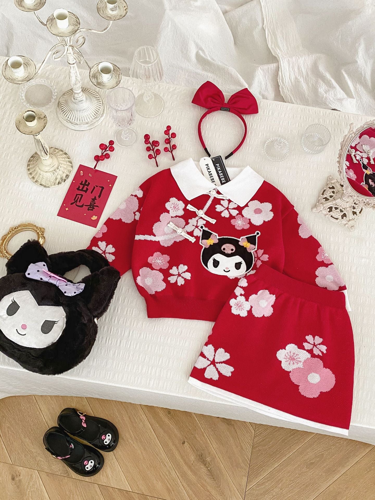 Cherry Blossom Kuromi Playset: Red Sweater and Skirt Ensemble