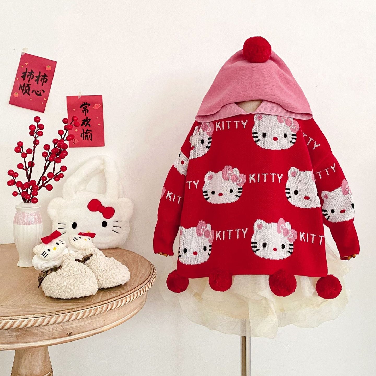 Hello Kitty Winter Wonderland: Red Pom-Pom Sweater and White Polka Dot Tulle Skirt Set