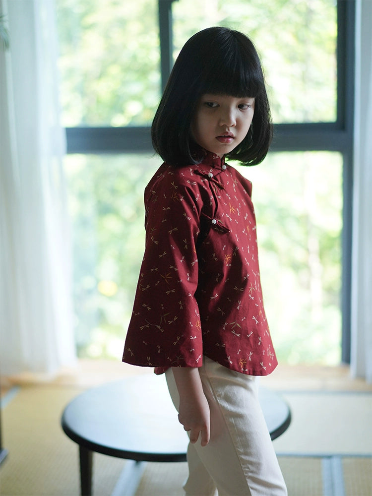 Mana Girls Vintage Dragonfly Mandarin Blouse