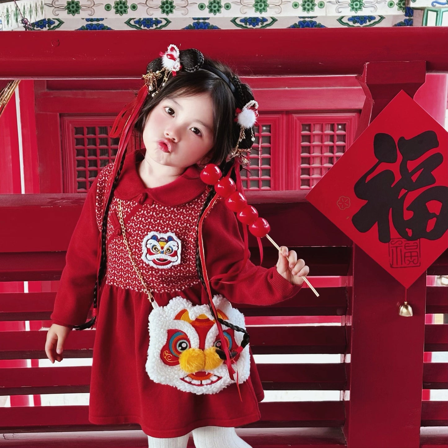 Lion Dance Chinese New Year Sweater Dress for Girls