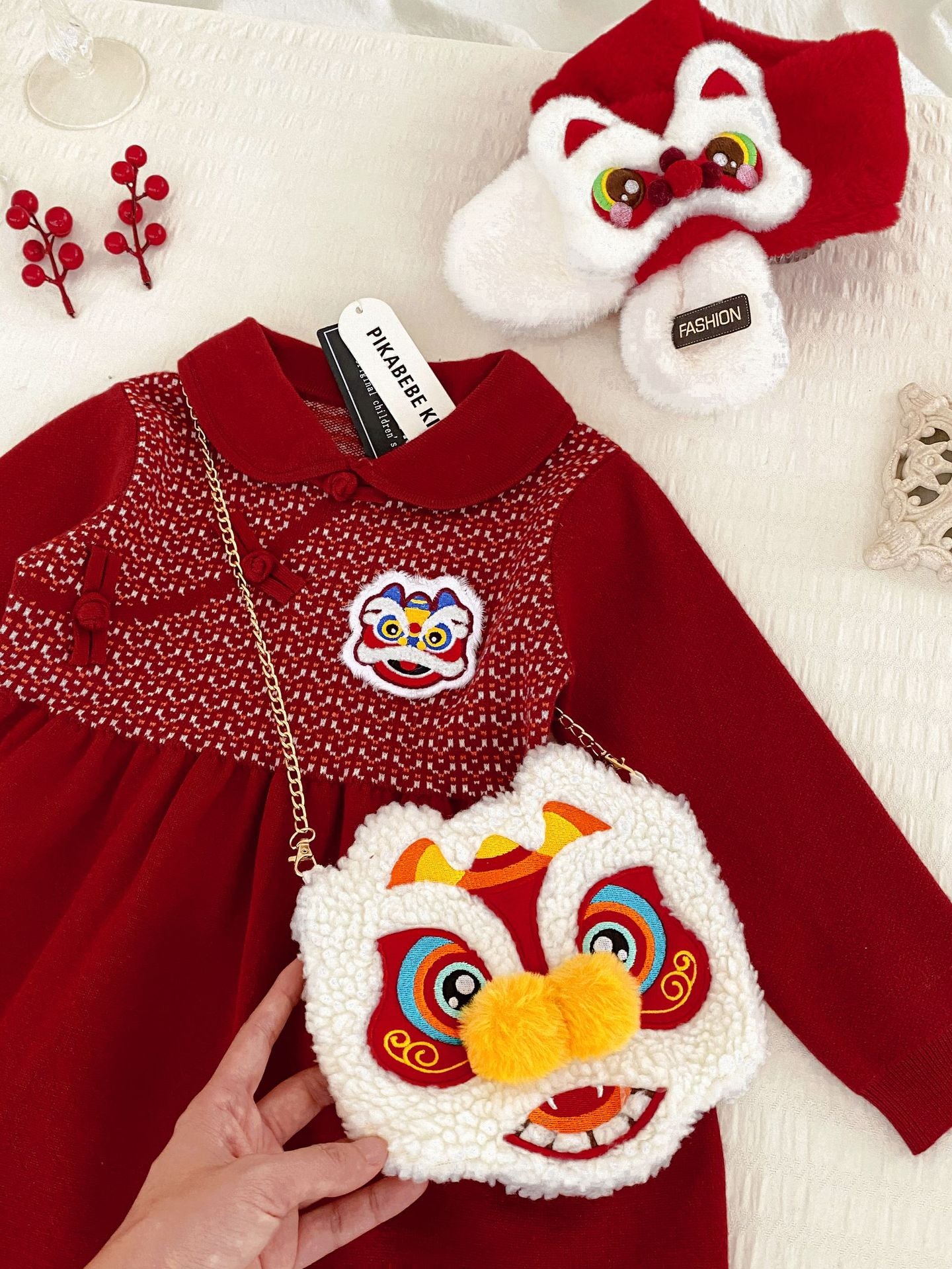 Lion Dance Chinese New Year Sweater Dress for Girls