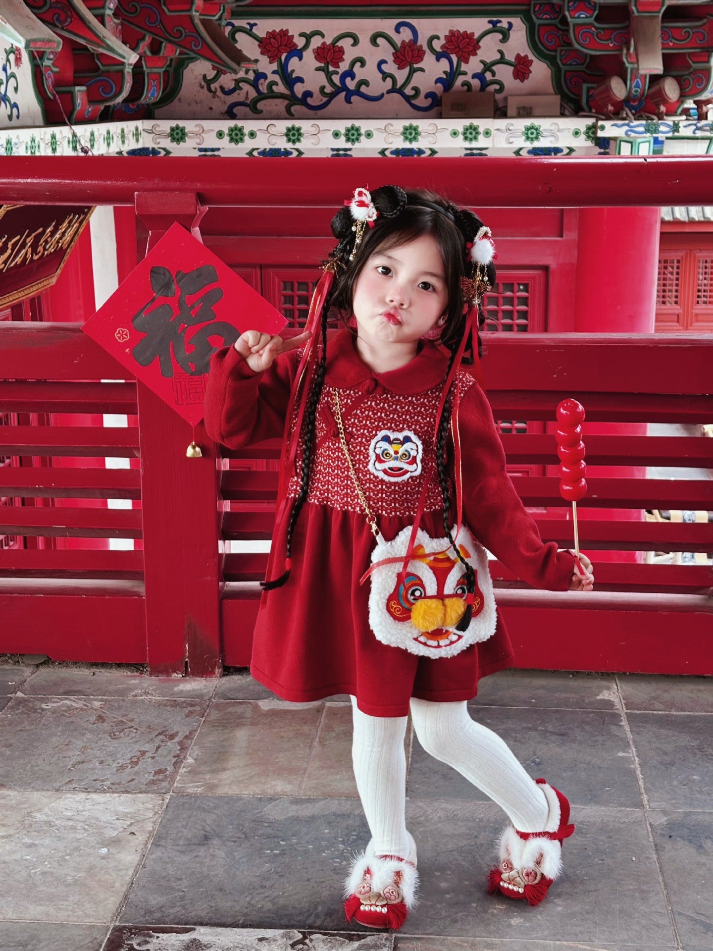 Lion Dance Chinese New Year Sweater Dress for Girls