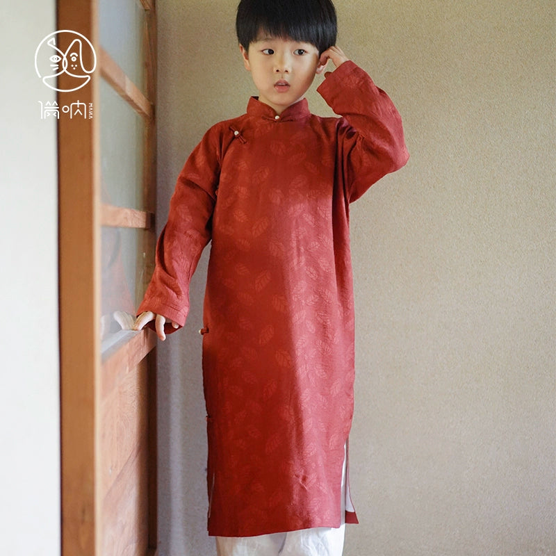 MaNa kids' Traditional Red Vintage Leaf Elegance: Changshan