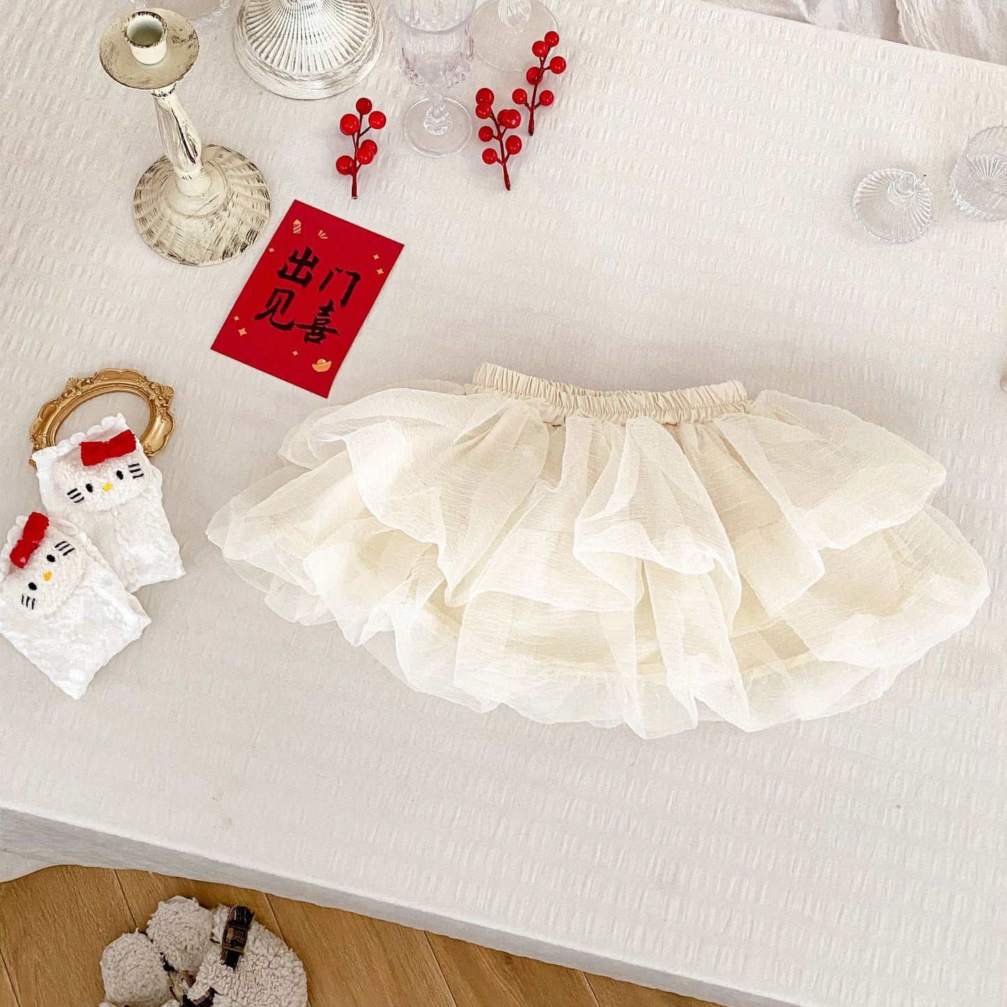 Hello Kitty Winter Wonderland: Red Pom-Pom Sweater and White Polka Dot Tulle Skirt Set