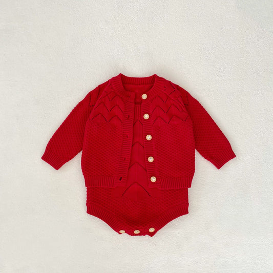 Ensemble 2 pièces body et cardigan en tricot rouge pour bébé fille