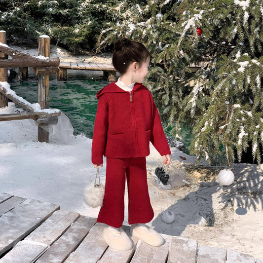 Girls' Knit Set | Elf-Hood Zip Cardigan & Flare Pants