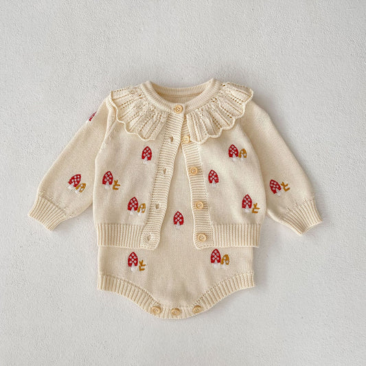 Baby/Toddler Girl Mushroom Knit Cardigan and Romper 2-Piece Set