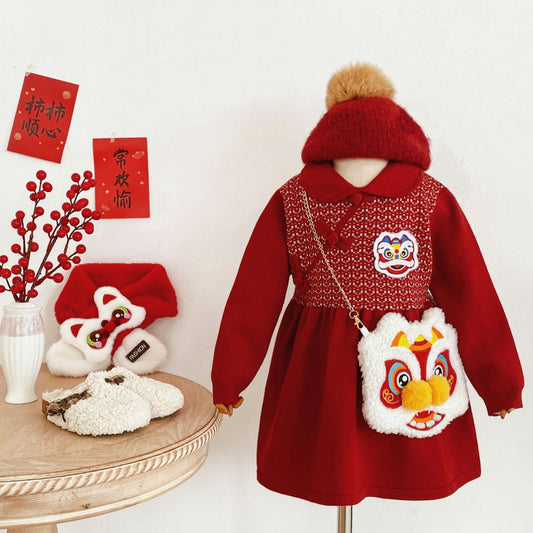 Lion Dance Chinese New Year Sweater Dress for Girls