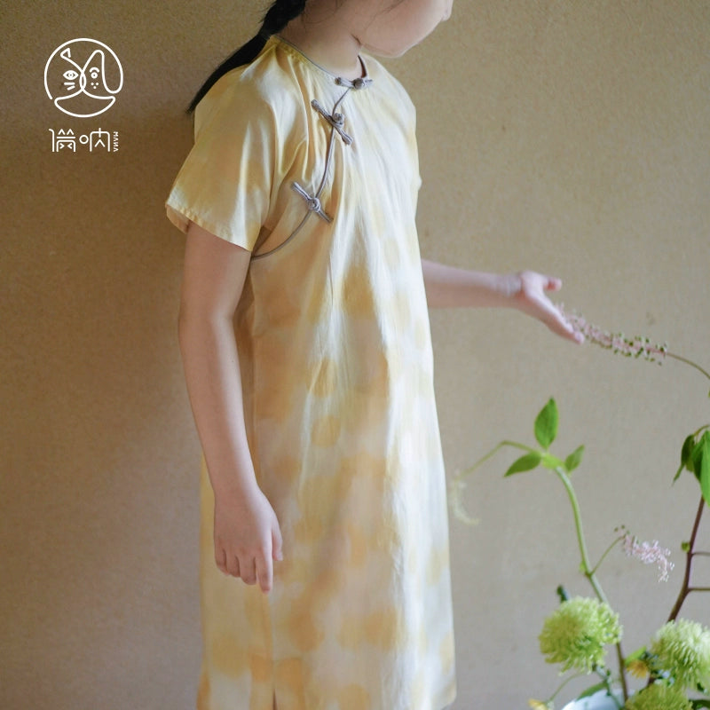 Mana Yellow Polka Dot Qipao Dress for Girls