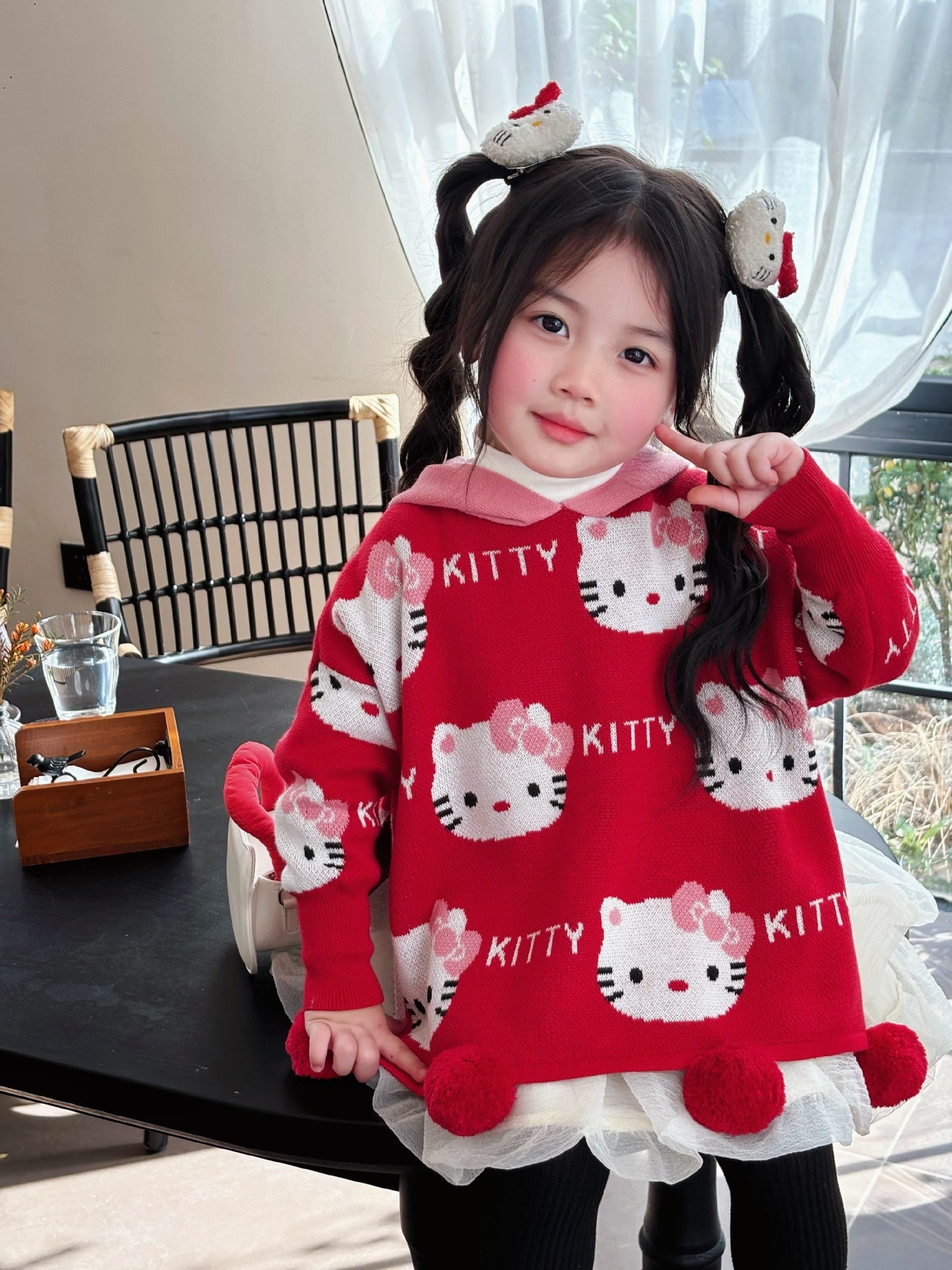 Hello Kitty Winter Wonderland: Red Pom-Pom Sweater and White Polka Dot Tulle Skirt Set