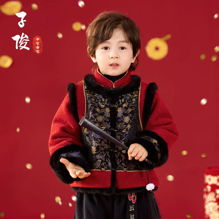 Child in traditional outfit with red background and promotional text